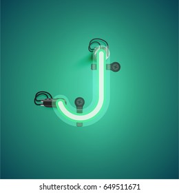 Green neon character from a font set on green background, vector illustration