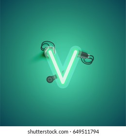 Green neon character from a font set on green background, vector illustration