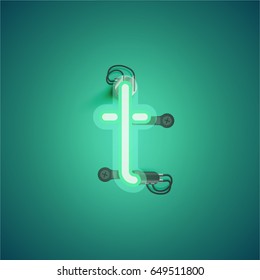Green neon character from a font set on green background, vector illustration
