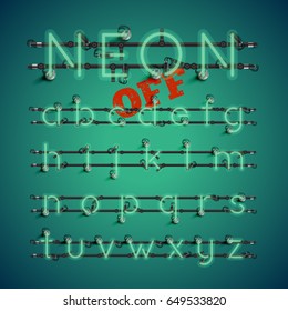 Green neon character font set on green background, vector illustration