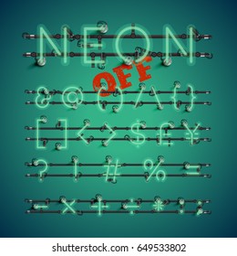 Green neon character set on green background, vector illustration