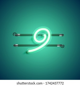 Green neon character from a typeset, vector illustration