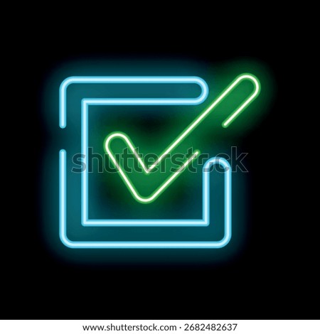 Green neon check mark glowing inside a blue neon square on a black background