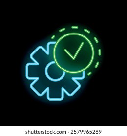 Green neon check mark hovering over a teal cogwheel on a black background, symbolizing a successful process or achievement