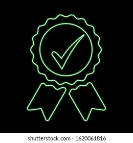 Green neon checkmark grade. Vector neon check mark grade isolated on black background.