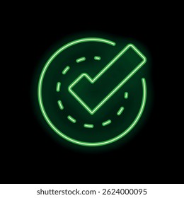 Green neon checkmark symbol is glowing inside a circle on black background, giving a technological and modern feel