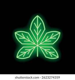 Green neon chestnut leaf glowing on a black background
