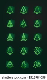 Green Neon Christmas Tree thin line icon set. Stylized linear icons of artificial snow, spruce, present box fir. Editable Stroke. 32x32 Pixel Perfect.