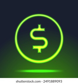 Green neon coin icon. Vector glowing money symbol