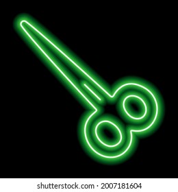 Green neon contour scissors on a black background. Vector illustration