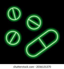 Green neon contour of three tablets and capsule on a black background. Vector illustration