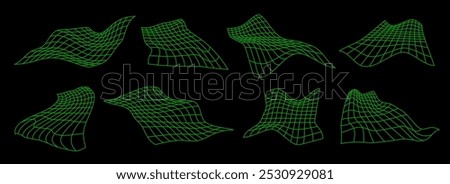 Green neon distorted grid set. Rippled wireframe collection. Glitch wavy rectangle plane bundle. Geometric futuristic element pack for poster, flyer, collage, template. Vector abstract mesh surface