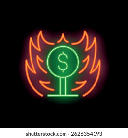 Green neon dollar sign is burning in bright orange flames in this illustration about financial loss