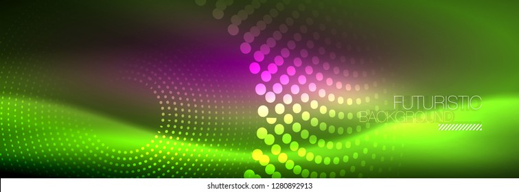Fondo de los círculos punteados de neón verde, ilustración vectorial