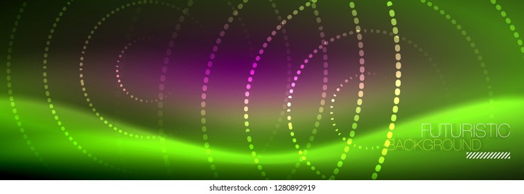 Green neon dotted circles background, vector illustration