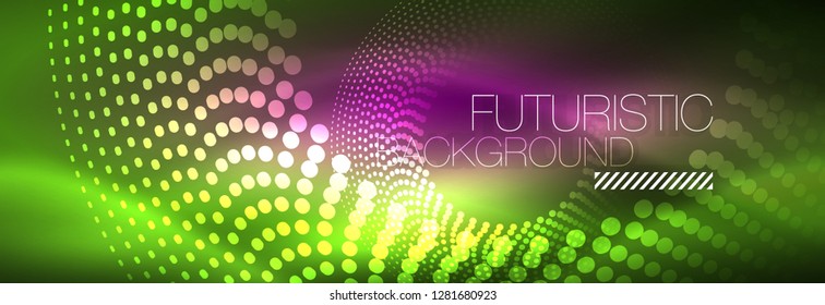 Green neon dotted circles background, vector illustration