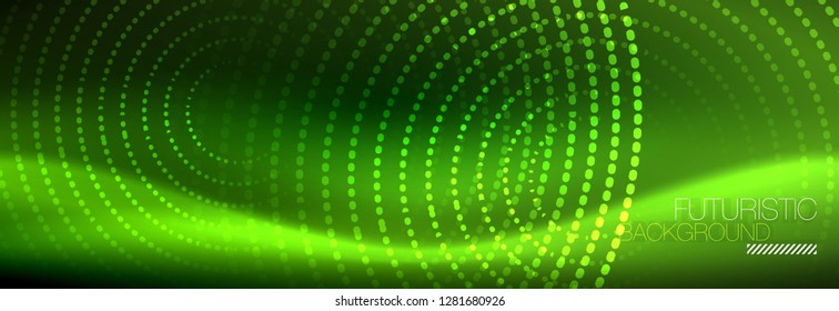 Green neon dotted circles background, vector illustration