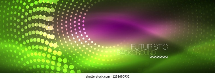 Green neon dotted circles background, vector illustration