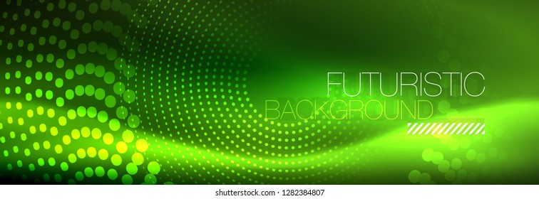 Fondo de los círculos punteados de neón verde, ilustración vectorial
