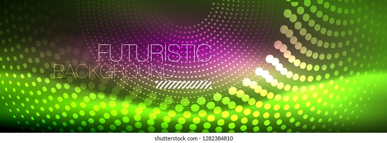 Green neon dotted circles background, vector illustration