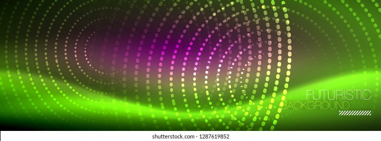 Fondo de los círculos punteados de neón verde, ilustración vectorial