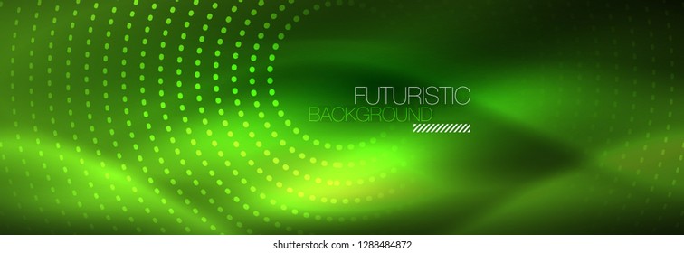 Green neon dotted circles background, vector illustration