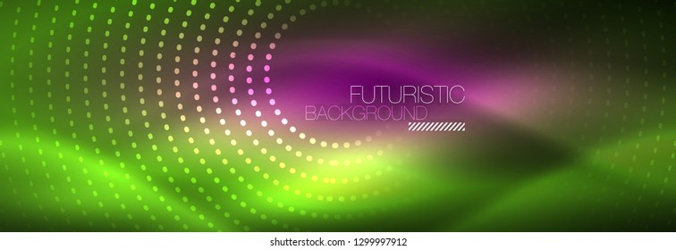 Green neon dotted circles background, vector illustration