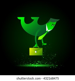 Green neon flying character in a suit and tie.