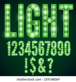 Green Neon Font With Show Lamps, Vector Number Set