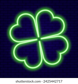 Green Neon Four Leaf Clover on Dark Brick Wall background vector illustration