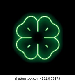 Green neon four leaf clover is glowing on black background