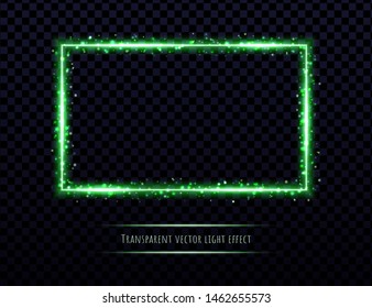 Green neon frame with light effects isolated on transparent background. Shining rectangle border with glowing sparkles.