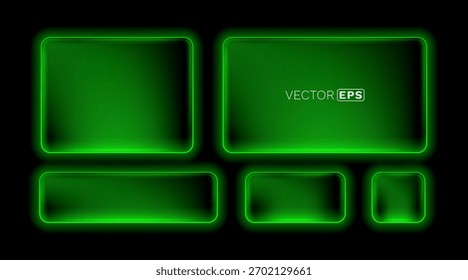 Green Neon Frames with Glowing Effect. Modern digital light boxes set on a dark background. Vector illustration