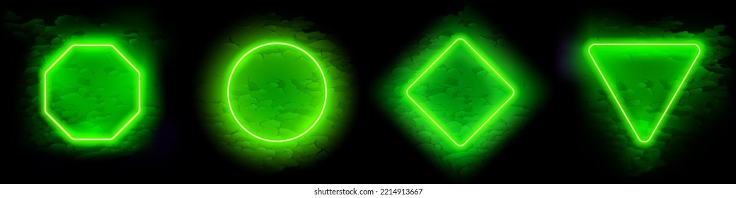 Green Neon Frames Set on Grunge Backdrop. Vector abstract background with copy space.