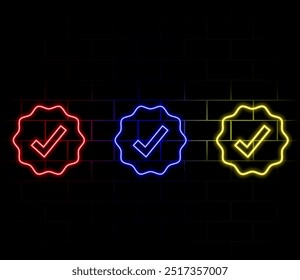 Green neon glowing check mark button icon symbol sign.