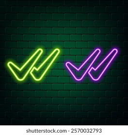 Green neon glowing check mark button icon symbol sign.