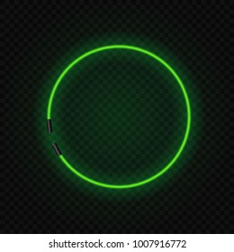 Green Neon Glowing Circle Lamp Frame On Transparent Background.