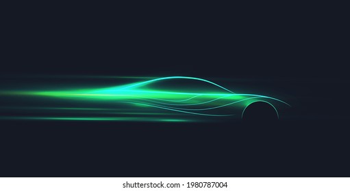 Green neon glowing in the dark electric car on high speed running concept. Fast ev silhouette. Vector illustration - Shutterstock ID 1980787004