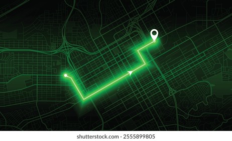 green neon GPS road map of Birmingham with the arrow that moves to the point of destination