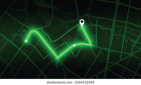 green neon GPS road map of Bogota with the arrow that moves to the point of destination