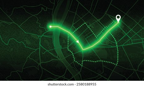 green neon GPS road map of Budapest with the arrow that moves to the point of destination