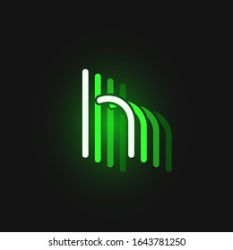 Green neon 'h' character font on black background with reflections, vector illustration
