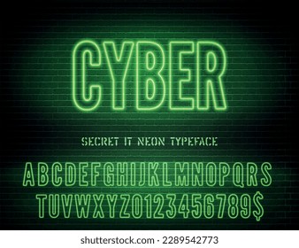 Green neon hollow typeface and vector Cyber night light sign on brick background