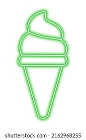 Green neon ice cream silhouette in waffle cone on a white background. Vector illustration