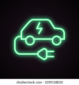 Green neon icon of charging station for electric car. Electric vehicle, car battery, ecological transport. Urban services concept. Can be used for signboards, posters, web design