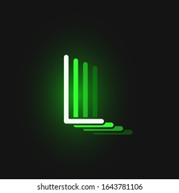 Green neon 'L' character font on black background with reflections, vector illustration