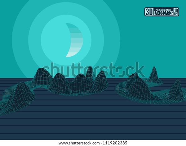 A green neon landscape with\
polygonal mountains in a grid with the moon. Stock image\
vector