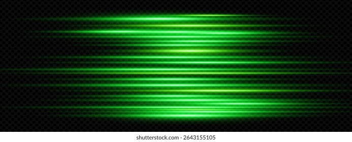 Green neon laser beams flash across black background with futuristic glow and electric energy. Dynamic speed lines and techno sparkle create sci fi atmosphere. Perfect for party or tech posters.