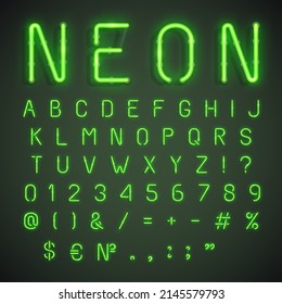 Green Neon Latin Alphabet, Capital Letters, Numbers and Symbols, ‘On’ Version