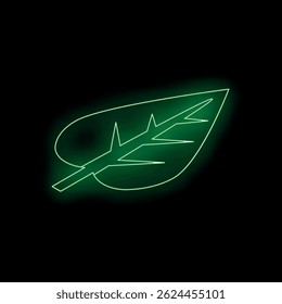 Green neon leaf glowing on black background representing eco friendly concept